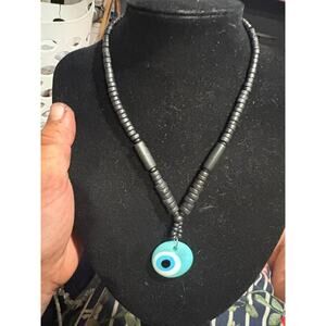 wood Necklace With handmade glass Evil Eye Pendant: Beaded